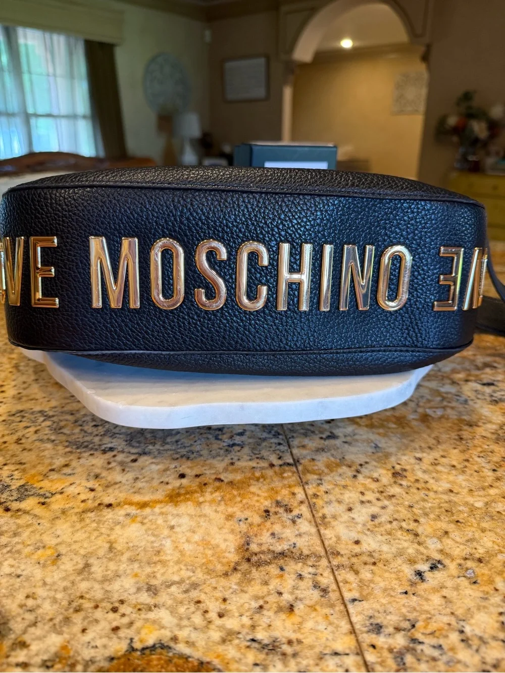 100% Authentic Moschino Black Leather Shoulder Bag with Adjustable Strap